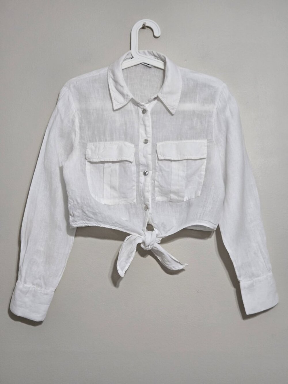 Zara White Linen Tie Front Crop Top Button Up Shirt Long Sleeve Women’s Size S C